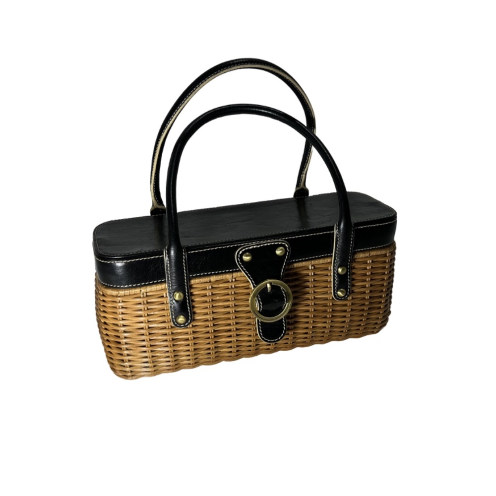 NWOT - MAXX New York Leather Rattan Woven Basket Handbag Top Handle Train Case